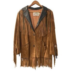Lariat Leather Coat Fringed Beaded Southwest Suede USA Made Size Large Vintage